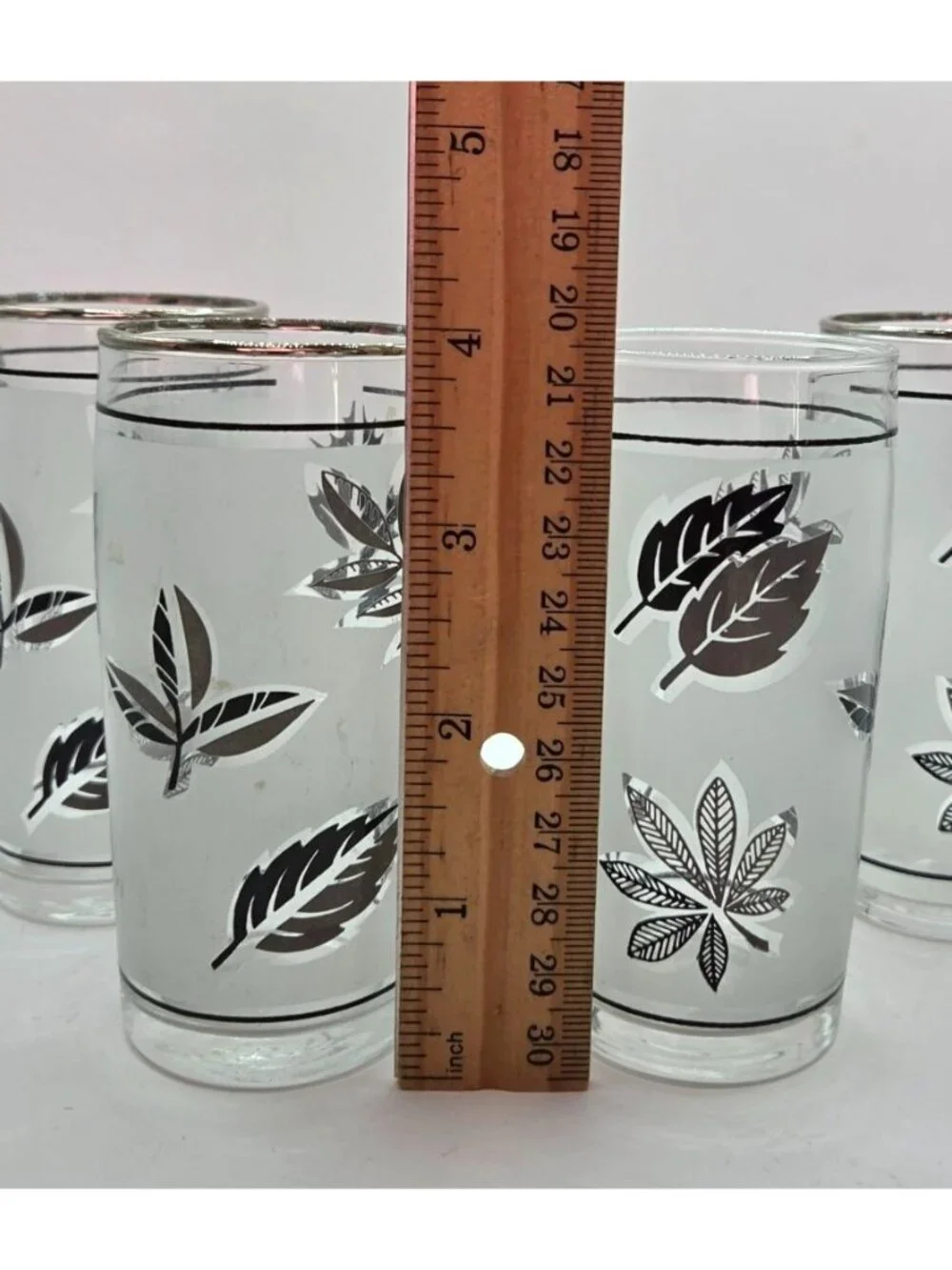 Vtg Silver Leaf Foliage Highball Glasses Metallic Rim 4" Tall Set of 4 MCM - Picture 5 of 6